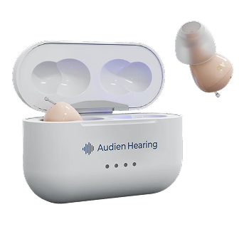 Audien Hearing device in a white case on a white background