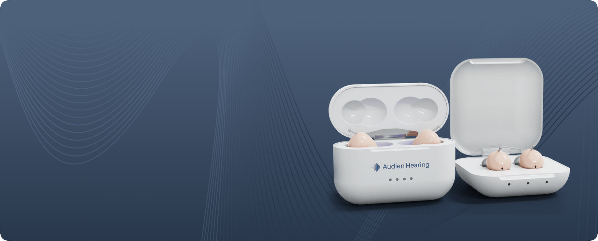Two pairs of Audien Hearing aids displayed in open white charging cases on a blue background with abstract wave patterns


