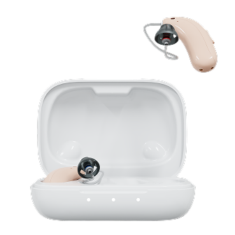 Hearing aid with a charging case on a white background