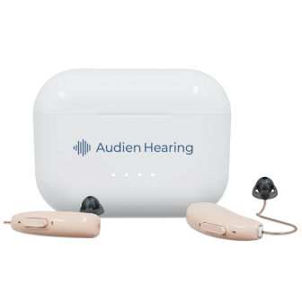 Audien Hearing device with charging case on a white background